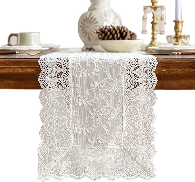 White Elegant Vintage Lace Table Runners,Wedding Lace Decor with Floral Embroidery,Tea Party Decor (White, 13.8X94.5 Inches)