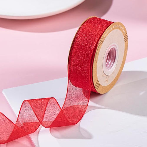 1 Inch Wide Sheer Chiffon Ribbon - Pearl Silk Woven Ribbon Suitable for Gift Wrapping, Wedding Decor, Home Decor, Girl Hair Accessories Handmade DIY (25 Yards/roll) (Red)