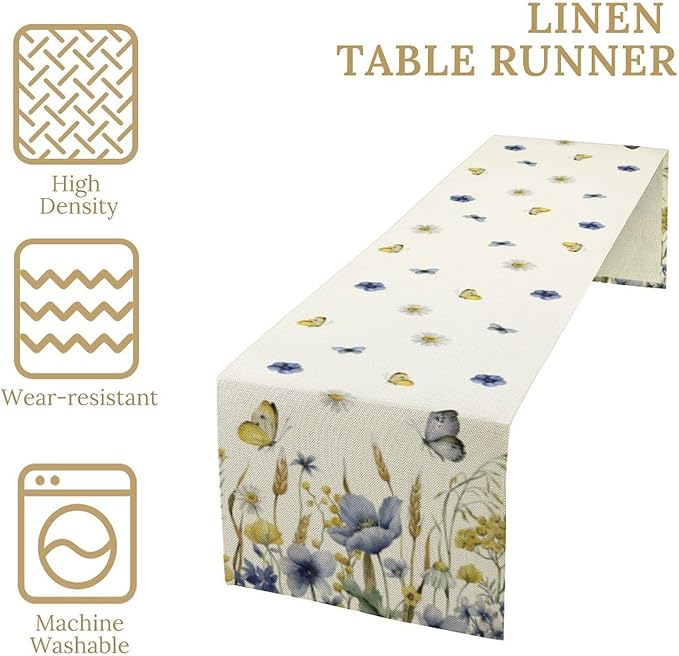 Floral Table Runner, Spring Watercolor Flower Plants Nature Butterfly Table Runner for Kitchen Dinner Living Room Home Party, 13x70 Inch