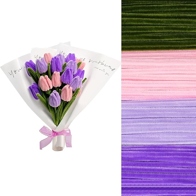 400 Pcs Chenille Stems Flowers Craft Kit,4 Colors Soft Pipe Cleaners Bulk for DIY Floral Arrangements with Floral Wires, Gardening Tape,Hot Glue Stick,Greeting Card,Bouquet Paper, Stamen & Ribbon