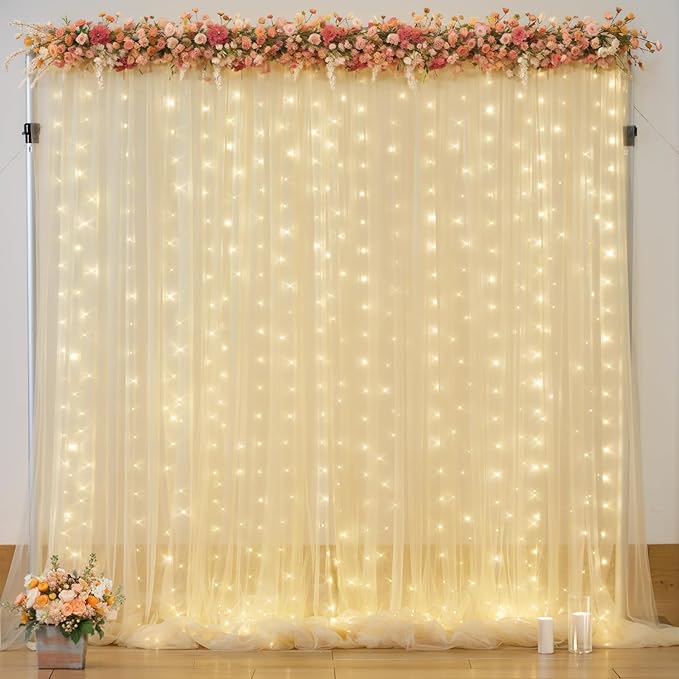 10ft x 8ft Champagne Sheer Tulle Backdrop Curtains with Lights String Wedding Backdrop for Reception Ceremony Birthday Party Baby Shower Photo Booth Background Decoration