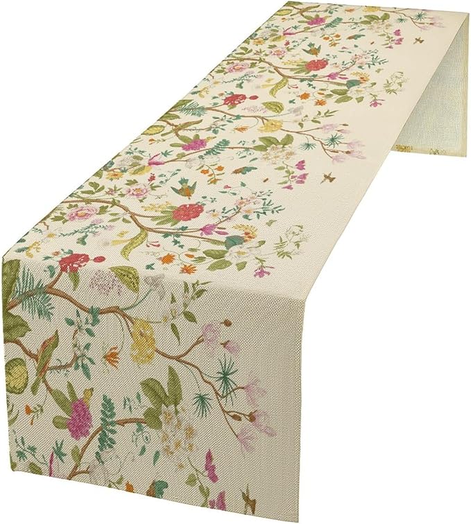 Floral Table Runner, Vintage Birds Wildflowers Herbs Nature Theme Linen Long Table Kitchen Dining Table Holiday Party Decorative Table Runner,13in（33cm） W * 60in（152cm） L