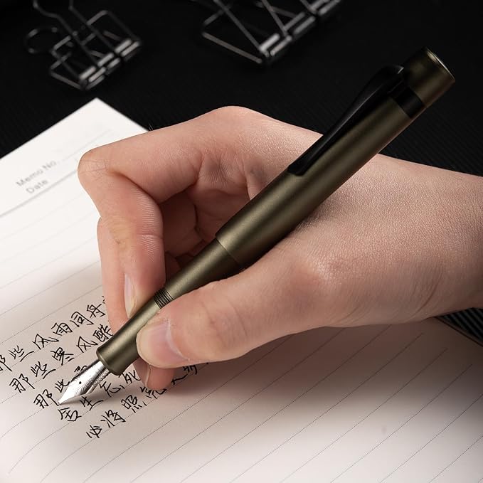 Hongdian M2 Black Forest Mini Fountain Pen, Long Blade Nib & Sleek Shape Aluminium Short Pocket Travel Pen (Army Green)