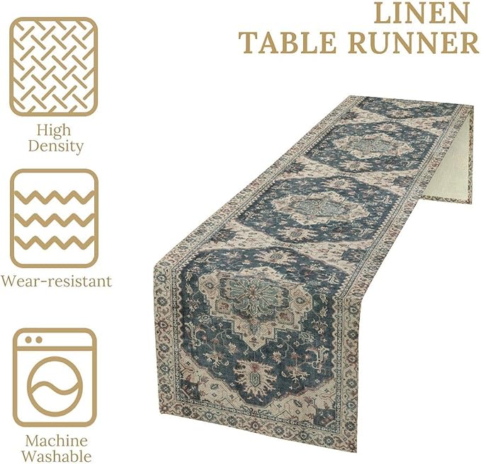 Boho Bohemia Style Table Runner, Vintage Blue Retro Flower Rustic Country Style Floral Print Pattern for Home Kitchen Table Decor Dining Coffee Room Garden Party Decor 13x90in
