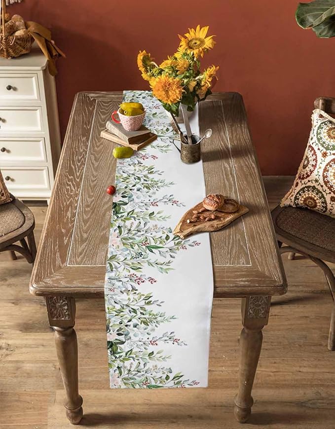 Botanical Eucalyptus Cotton Linen Table Runner for Dining Kitchen, Wedding Outdoor Party Tablerunners Decoration, Sage Green Leaves Elegant Floral Dresser Scarf Coffee Tablecloth Runners 13x60 Inches