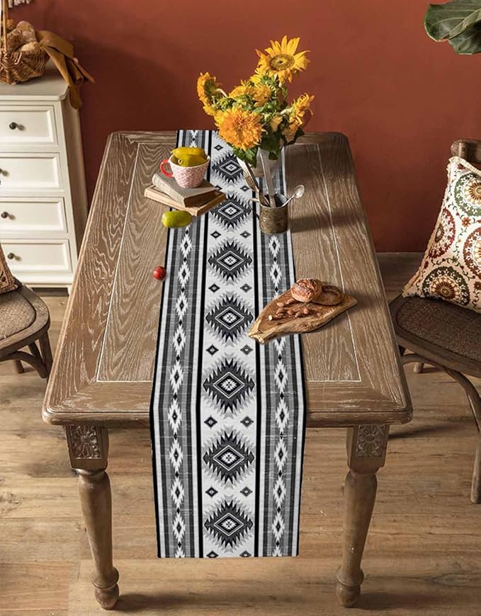 Aztec Southwest Cotton Linen Table Runner for Dining Kitchen, Wedding Outdoor Party Tablerunners Decoration, Boho Ethnic Tribes Vintage Grey Dresser Scarf Coffee Tablecloth Runners 13x60 Inches