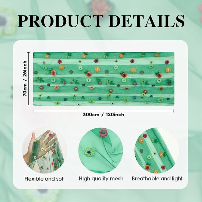 Artoid Mode Dark Green Embroidery Daisy Gauze Table Runner 120 Inch 10FT, Seasonal Sheer Kitchen Dining Holiday Wedding Birthday Table Decor for Home Party