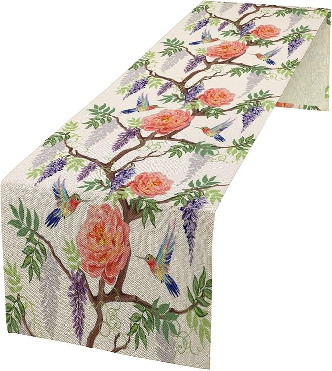 Vintage Bird Flower Table Runner Seasonal Spring Purple Wisteria Garden Plants Lavender Pink Florals Farmhouse Country Kitchen Dinner Runner Dining Table Decoration for Home Party Holiday 13"x36"