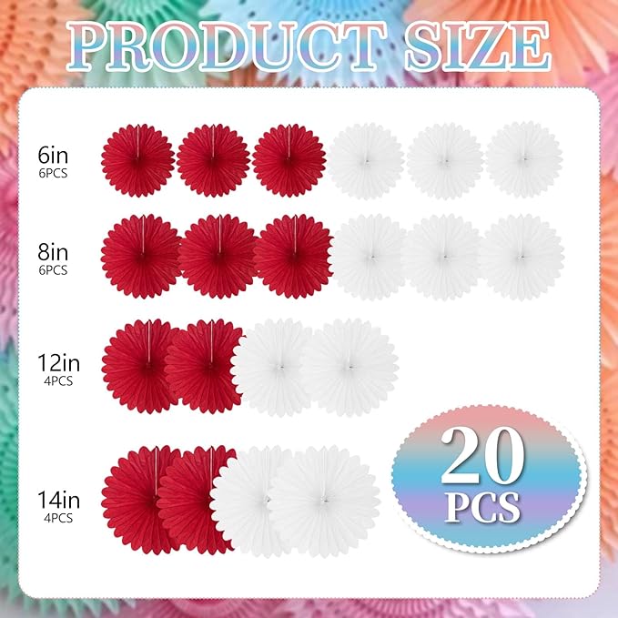 20 Pcs Red White Hanging Paper Fan, Round Paper Fans Decorations Set for Weddings, Birthdays, Engagement, Bridal Shower, Bachelorette Party Supplies Decor