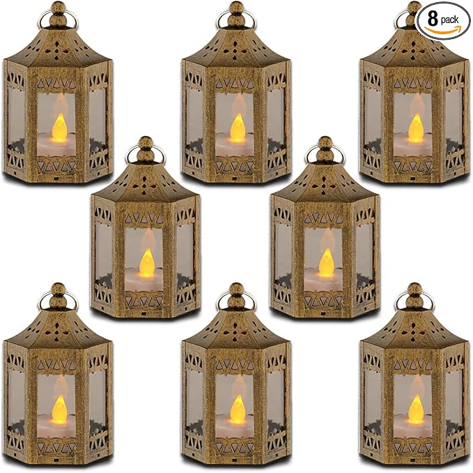 zkee Mini Star Lanterns with Flickering LED, Battery Included, Decorative Hanging Lanterns for Christmas & Indoor Use (Set of 8, Golden Brushed)