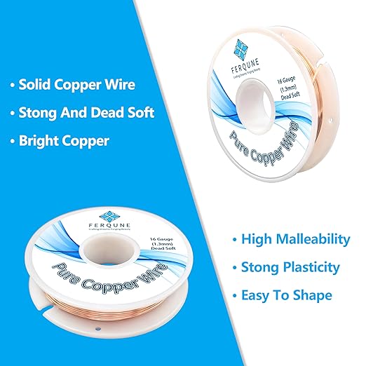 16 Gauge Pure Copper Wire for Jewelry Making, Crafts, DIY Making, and Gardening, 99.9% Solid Bare Copper Wire, 0.22LB, 50Feet