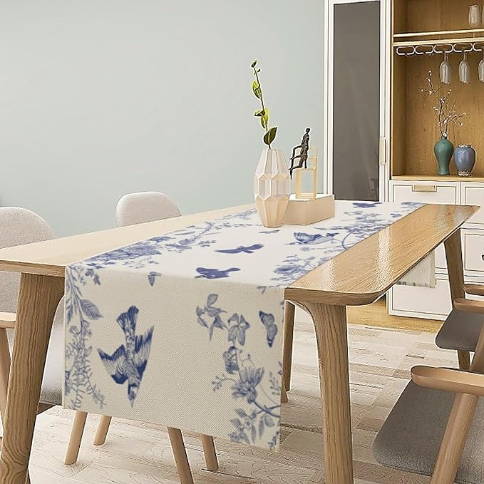 Monochrome Sketch Flowers Bird Table Runner, Seasonal Spring Fall Plants Blue Florals Dinner Runner for Home Kitchen Dining Table Party Holiday Decoration 13"x70"