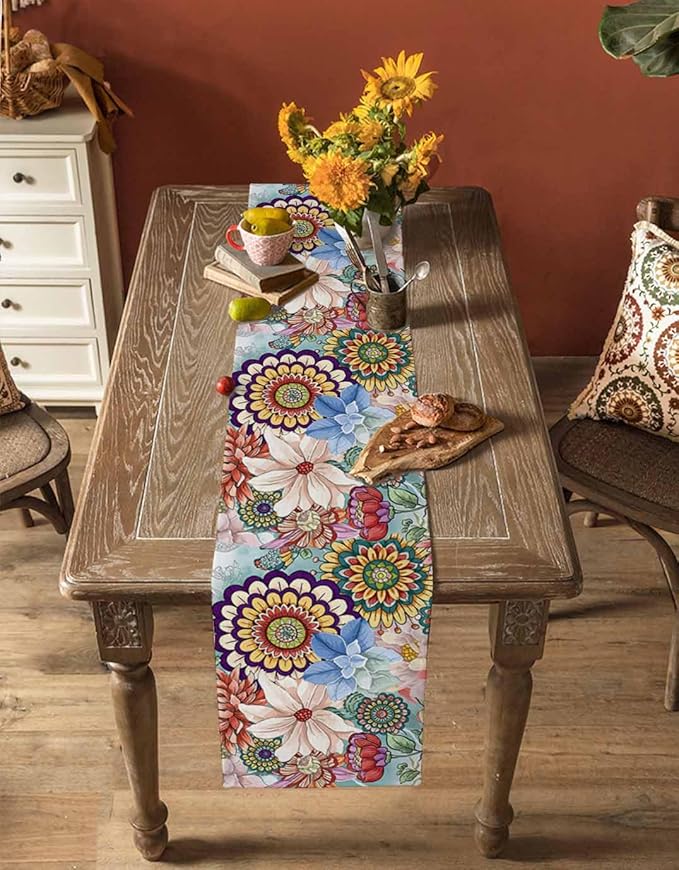 Boho Flowers Cotton Linen Table Runner for Dining Kitchen, Wedding Outdoor Party Tablerunners Decoration, Colorful Floral Farm Vintage Botanical Dresser Scarf Coffee Tablecloth Runners 13x108 Inches