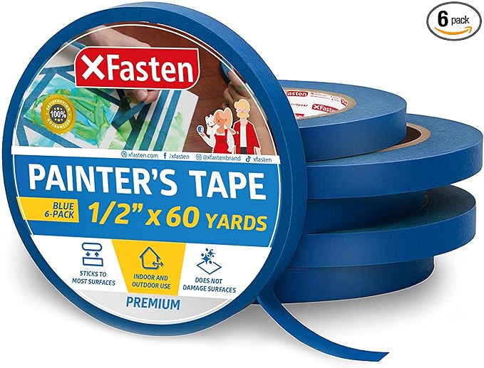 XFasten Professional Blue Painters Tape, Multi-Use, 1/2-Inch by 60-Yard, Pack of 6, Blue Tape Bulk - Sharp Edge Line Technology, Produces Sharp Lines | Residue-Free and Artisan Grade Wall Trim Tape