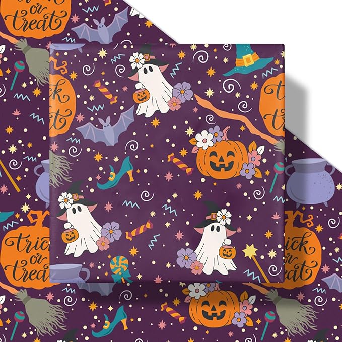 LeZakaa Purple Halloween Wrapping Paper Roll, Cute Trick-or-Treat Ghosts Pumpkins Witch Hats Gift Wrap for Kids Teens Adults, Halloween Decor, Party Favors, Mini Roll 17 in x 16.4 Ft