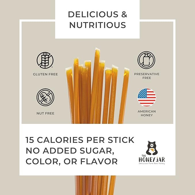 The Honey Jar Plain Honey Sticks - Pure Honey Straws For Tea, Coffee, or a Healthy Treat - One Teaspoon of Flavored Honey Per Stick - Made In The USA with Real Honey - (50 Count)
