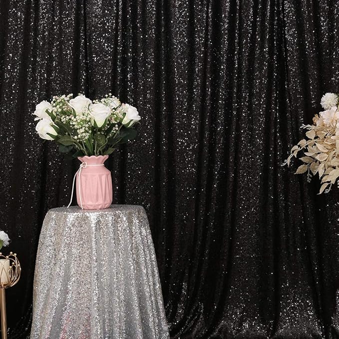 Eternal Beauty Black Sequin Backdrop, 7x7 Ft Halloween Glitter Background Curtains for Shimmer Photography Party Wedding Birthday Back Drop Decor