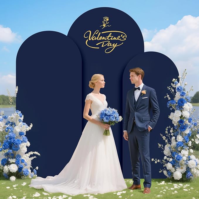 Metal Arch Backdrop Stand and Cover Set 6&6.6&7.2ft Navy Blue Arch Backdrop Covers Gold Wedding Arch Stand Set of 3 Spandex Arched Covers for Bridal Baby Shower Banquet Party Decoration
