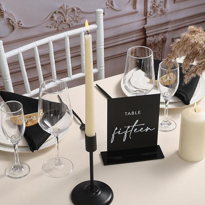 UNIQOOO Black Wedding Double Sided Table Numbers with Stands 1-20 set, 5x7'' Acrylic Signs with Holders and Printed Calligraphy, Seat Display Wedding Decor Perfect for Centerpiece, Reception