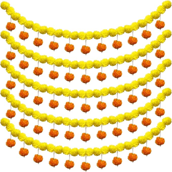 5 Pcs Marigold Garland Diwali Decor Artificial Flowers, 4.5 Feet Artificial Marigold Flowers for Indian Pooja Diwali Home Mantle Decor Wedding Decoration for All Year Decoration (Yellow＆Orange)