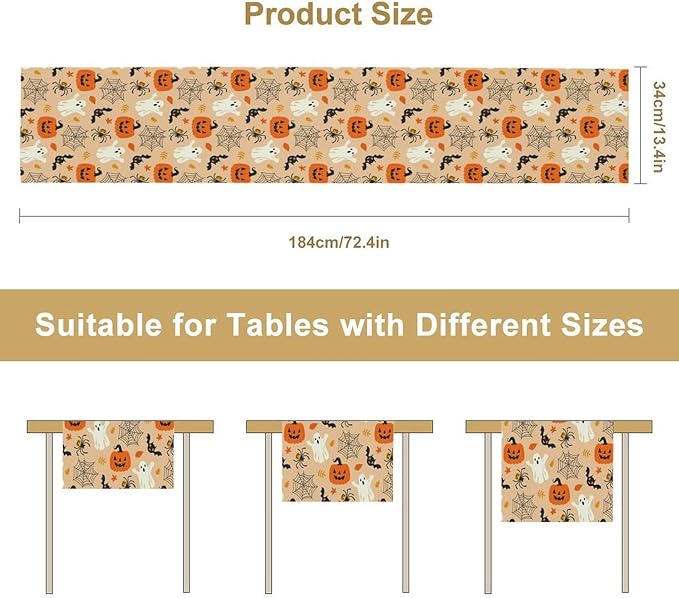 Halloween Table Runner,Cute Ghost Pumpkin Leaves Table Runner for Kitchen Dining Table Decoration Home Party Decor 13x108 Inch