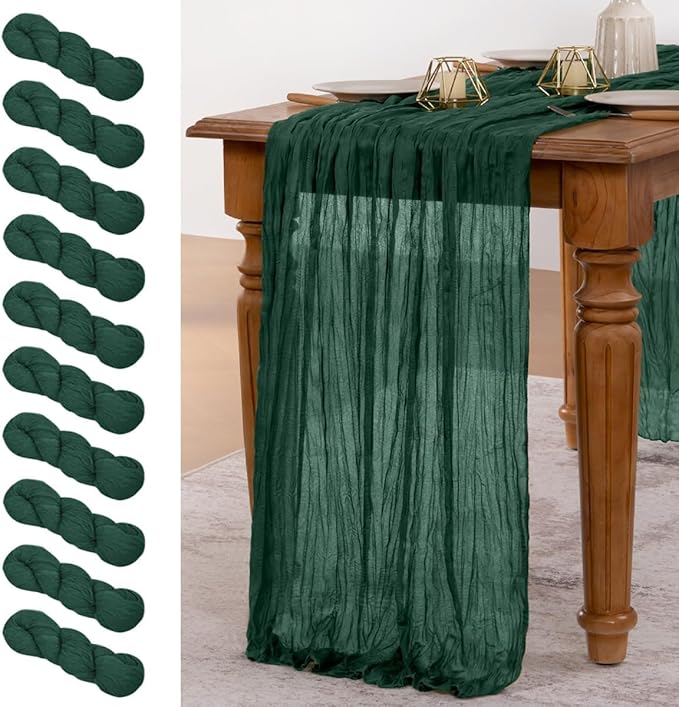 MLMW 10 Pack Christmas Table Runner Cheesecloth Emerald Green Table Runner Boho Cheese Cloth Gauze 160 inch Rustic Table Runner 13.3ft for Party Wedding Baby Bridal Shower Birthday