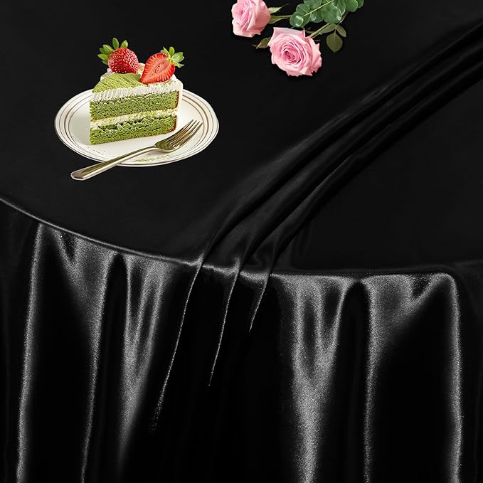 KKJIAF 1 Pack 60 Inch / 5ft Round Table Cloth, Black Overlay Round Satin Table Cover, Silky Satin Dining Tablecloths for Wedding Buffet Parties Banquet Decoration