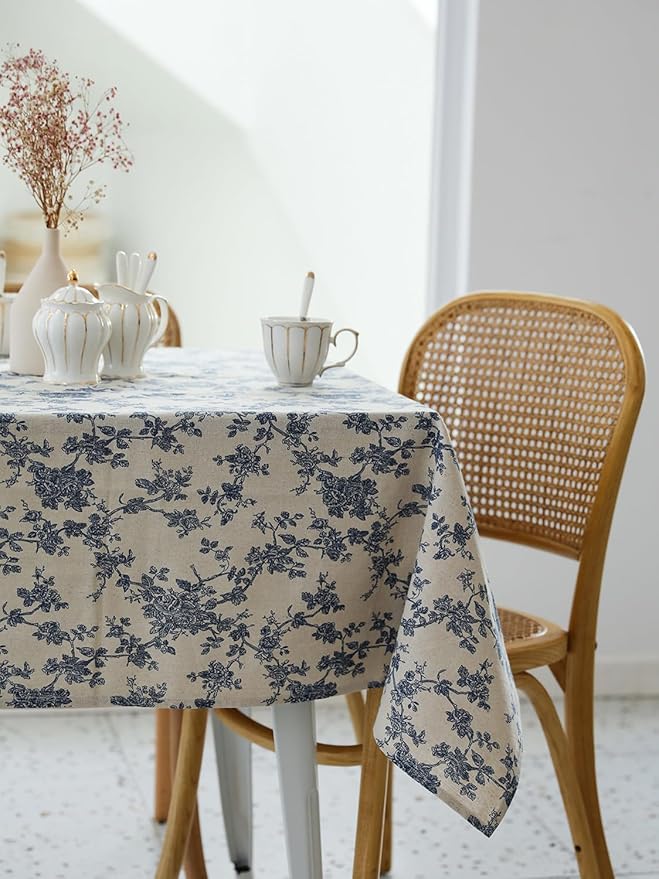 Pastoral Square Tablecloth - 40 x 40 Inch - Beige Linen Table Cloth - Washable Table Cover with Dust-Proof Wrinkle Resistant for Restaurant, Picnic, Indoor and Outdoor Dining, Floral (Dark Blue)