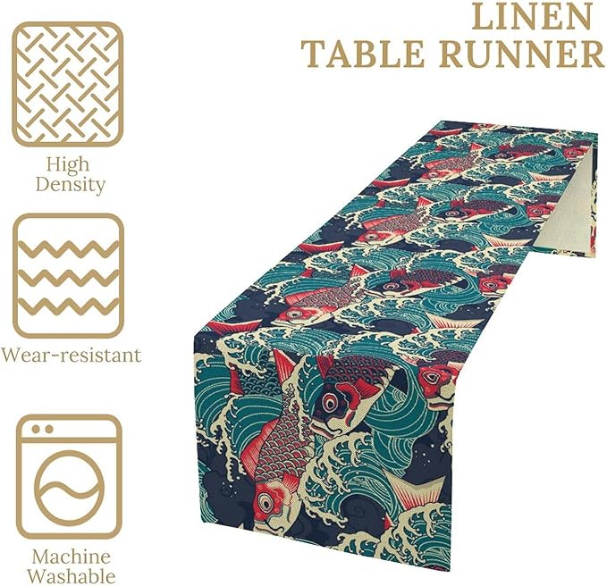 Kio Fish Table Runner Waves Japanese Tradition Art Printed Burlap Runner Home Kitchen Dining Table Living Room Decor Fabric 1 Panel W13xL70in