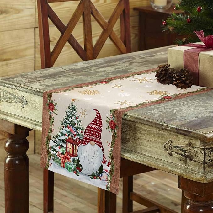 Christmas Gnomes Cotton Linen Table Runner for Dining Kitchen, Xmas Pine Tree Snowflake Rustic Wedding Outdoor Party Tablerunners Decoration, Retro Wood Dresser Scarf Tablecloth Runners 13x72 Inches