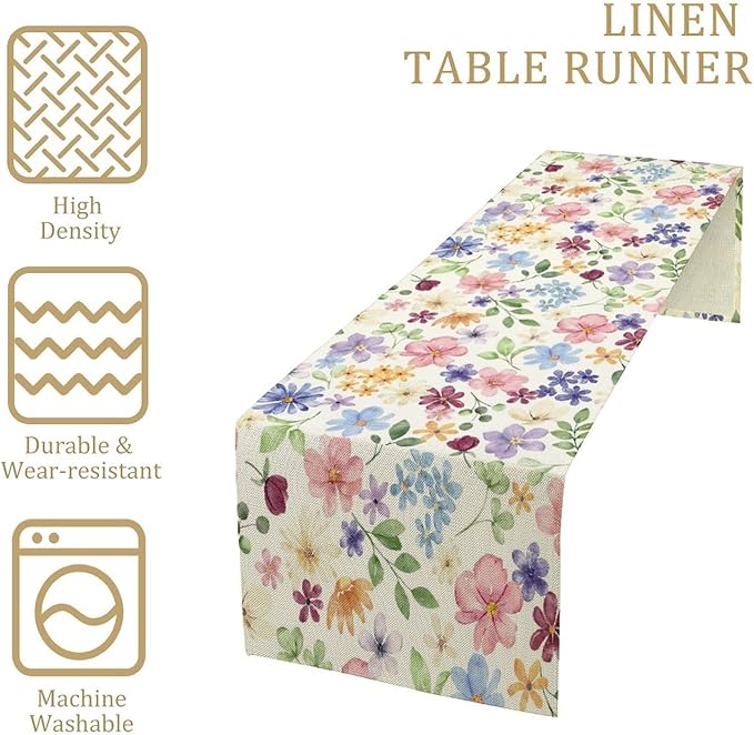 Floral Decorative Table Runner, Watercolor Floral Botanical Rustic Modern Style Pattern Printed Long Table Runner for Restaurant Kitchen Party,13in（33cm） W * 36in（92cm） L
