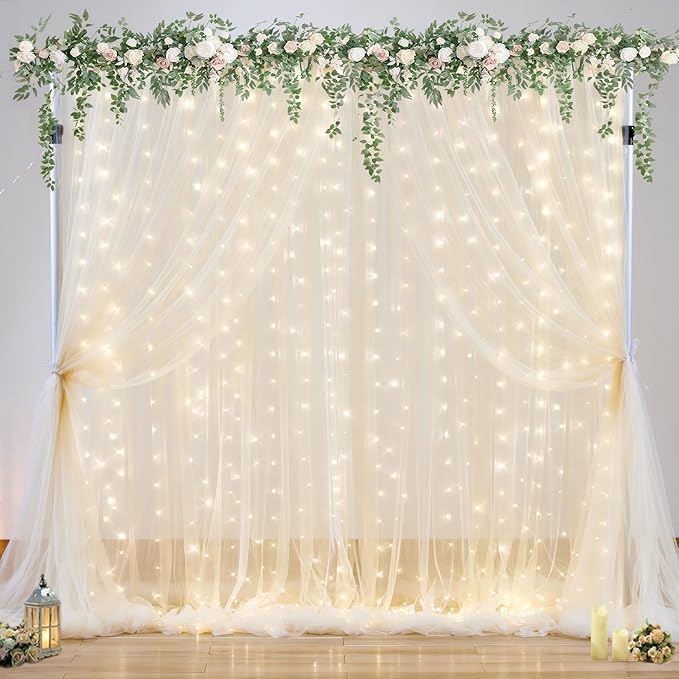 10ft x 10ft Champagne Tulle Backdrop Curtain with Lights String for Parties Wedding Bridal Shower Sheer Champagne Curtain Backdrop for Birthday Party Baby Shower Photo Booth Decorations