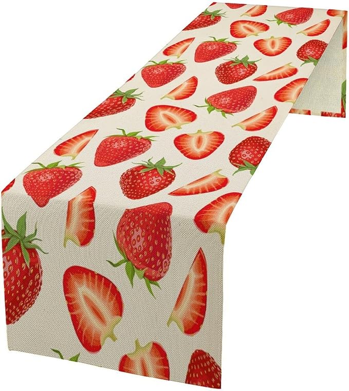 Strawberry Table Runner Spring Summer Wild Berry Fruit Theme Dinner Runner for Girl Baby Shower Party Holiday Home Kitchen Dining Table Decor 13x70