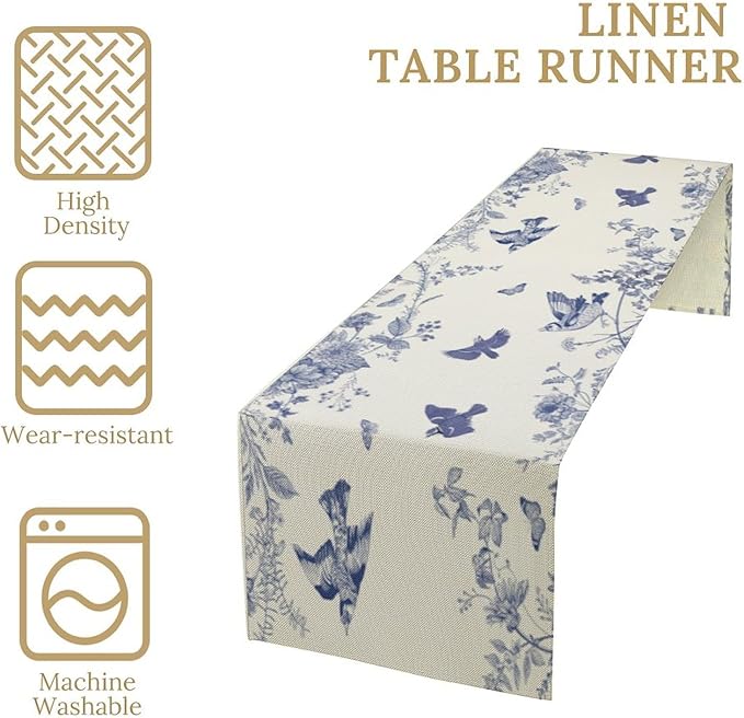 Monochrome Sketch Flowers Bird Table Runner, Seasonal Spring Fall Plants Blue Florals Dinner Runner for Home Kitchen Dining Table Party Holiday Decoration 13"x120"