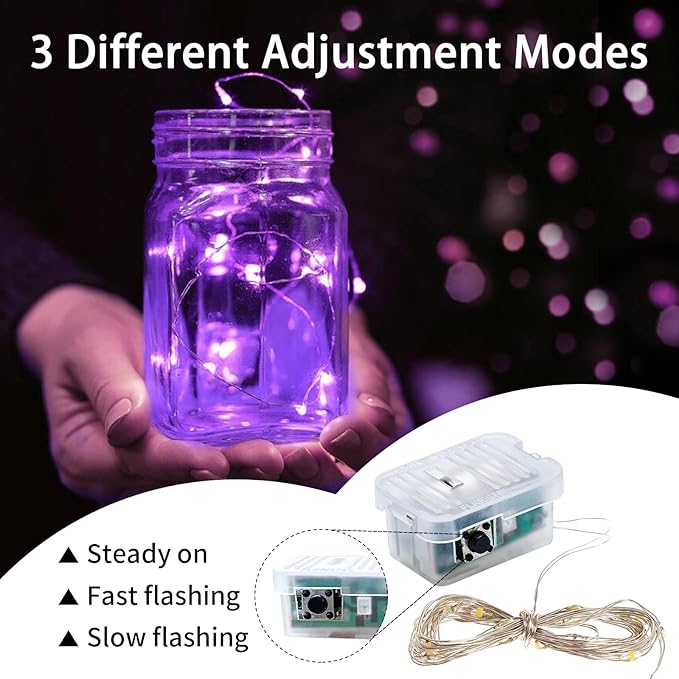 24 Pack Purple Fairy Lights 7Ft 20 LED Twinkle String Lights 3 Modes Battery Operated Waterproof Firefly Starry for Mason Jar Party Wedding Christmas Valentines Day Table Centerpieces
