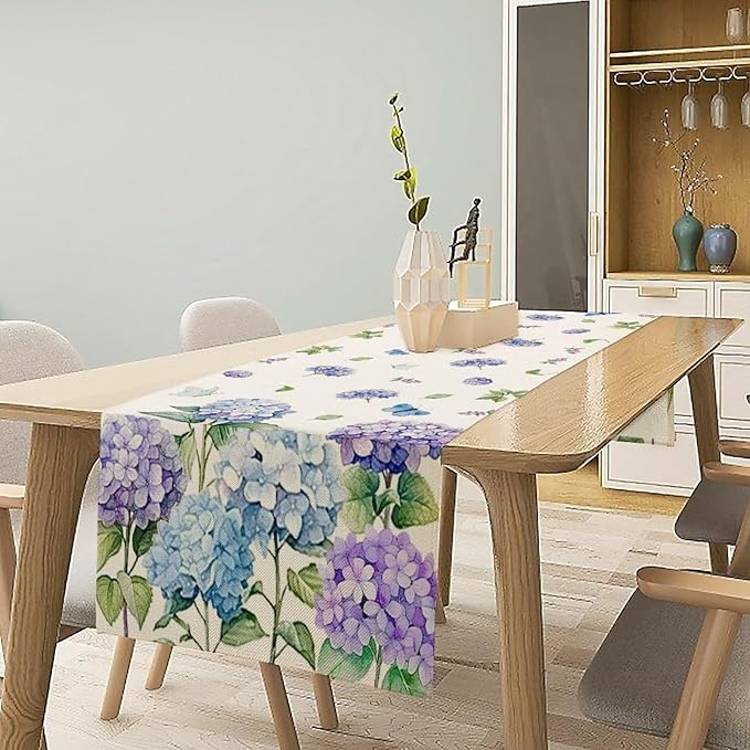 Spring Hydrangea Flower Table Runner, Seasonal Summer Plants Watercolor Florals Butterfly Dinner Runner for Home Kitchen Dining Table Party Holiday Decoration 13"x36"