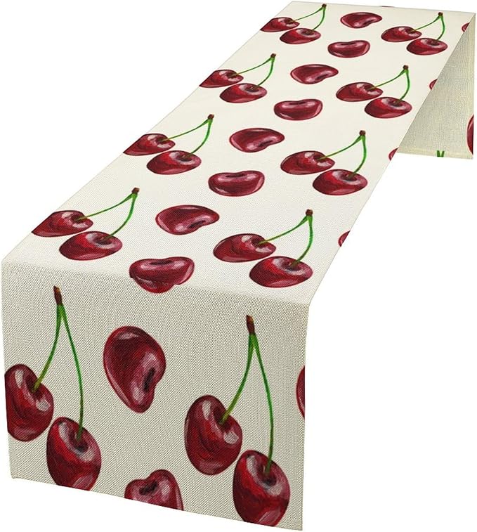 Red Cherry Table Runner Watercolor Spring Summer Wild Berry Tropical Fruit Theme Dinner Runner for Girl Baby Shower Party Holiday Home Kitchen Dining Table Decor 13x90