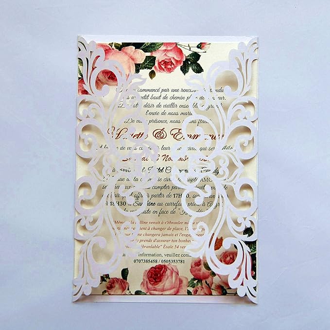 25PCS Pearl White Laser Cut Wedding Invitations Cards with Envelopes,Blank Inner Sheets,Ribbons for Wedding Bridal Shower Quinceañera Engagement Birthday Invites (B001)