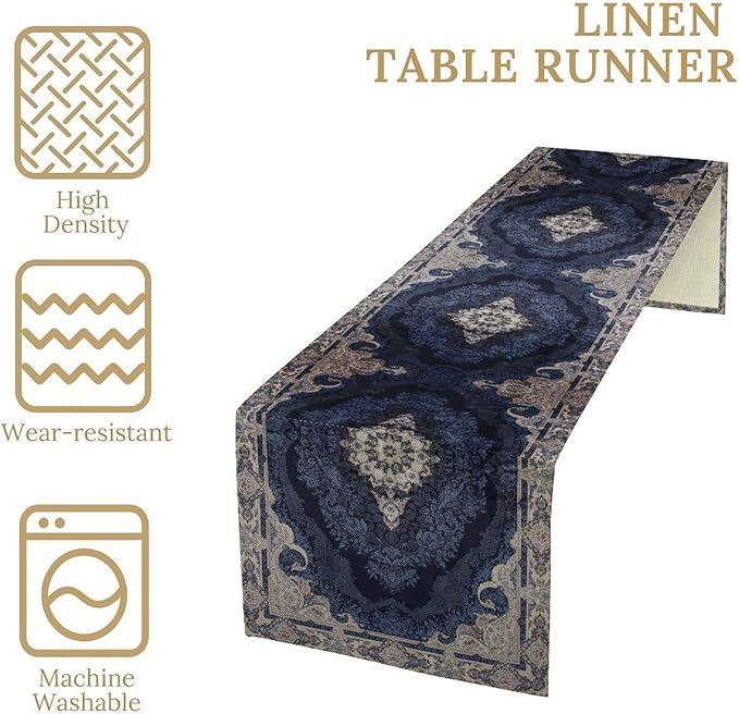 Vintage Boho Floral Table Runner, Rustic Country Farmhouse Dark Blue Grey Retro Flower Pattern for Home Kitchen Table Decor Dining Coffee Room Party Decor 13x72in