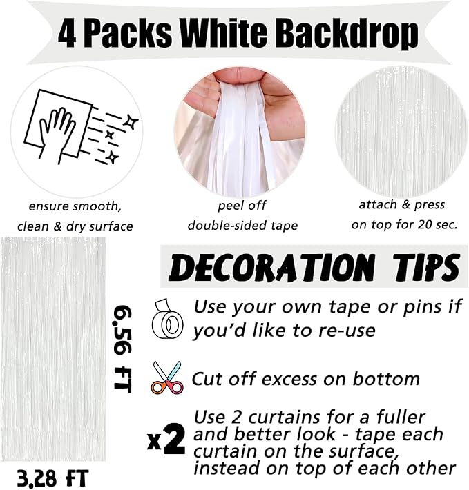 4 Pack White Fringe Curtain Backdrop, 3.2Ft x 6.6Ft Metallic Tinsel Foil Fringe Streamers Background for Photo Booth Birthday Wedding Baby Shower Carnival Easter Mother’s Day Party Decorations