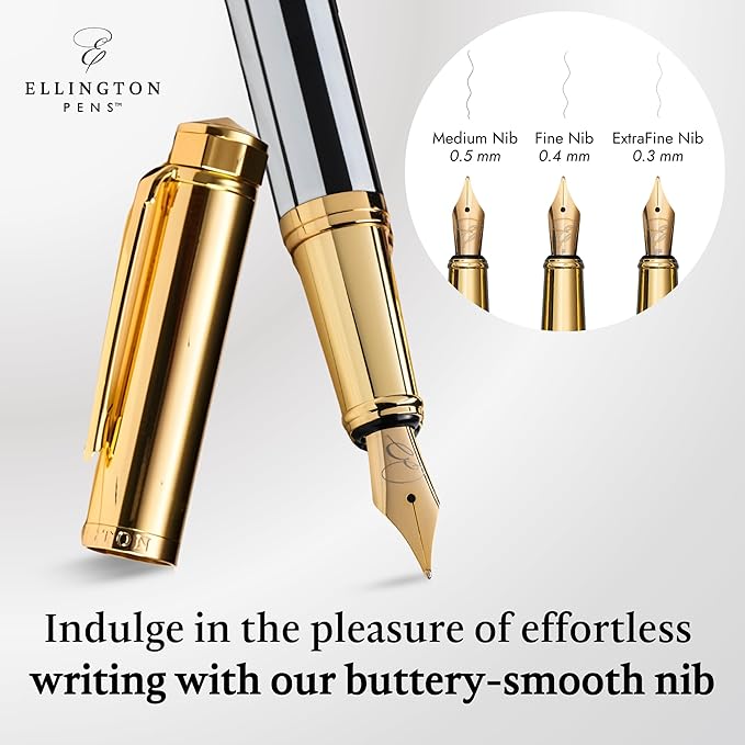 Ellington Pens Luxury Fountain Pen Set- Fountain Pens for Writing - Smooth Fine Nib - Includes Refillable Ink Converter, 3 Ink Cartridges [Black & Blue], Gift Box - Elegant Calligraphy