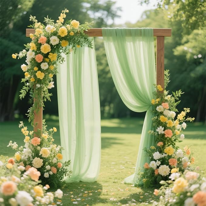 VOK Sage Green Wedding Arch Draping Fabric 29in x 18Ft 4 Panels Sheer Chiffon Curtain Drapes Extra Long for Outdoor Wedding Ceremony Birthday Party Decoration