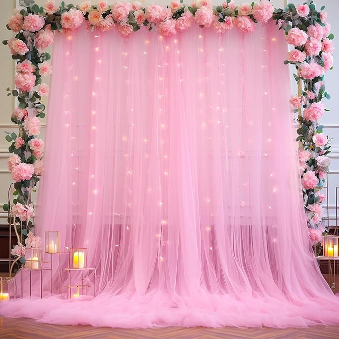 Pink Tulle Backdrop Curtain for Parties Girls Baby Shower 10ft X 8ft Light Pink Sheer Backdrop Curtains for Birthday Party Wedding Photo Booth Decorations 2 Panels 5ft X 8ft