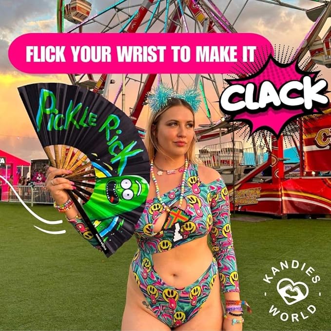 Kandies World UV Reactive Custom Festival Folding Hand Fan - Unique Designs, Made of Bamboo, Clacking Sound, Lightweight - Perfect Rave and Festival Accessory!