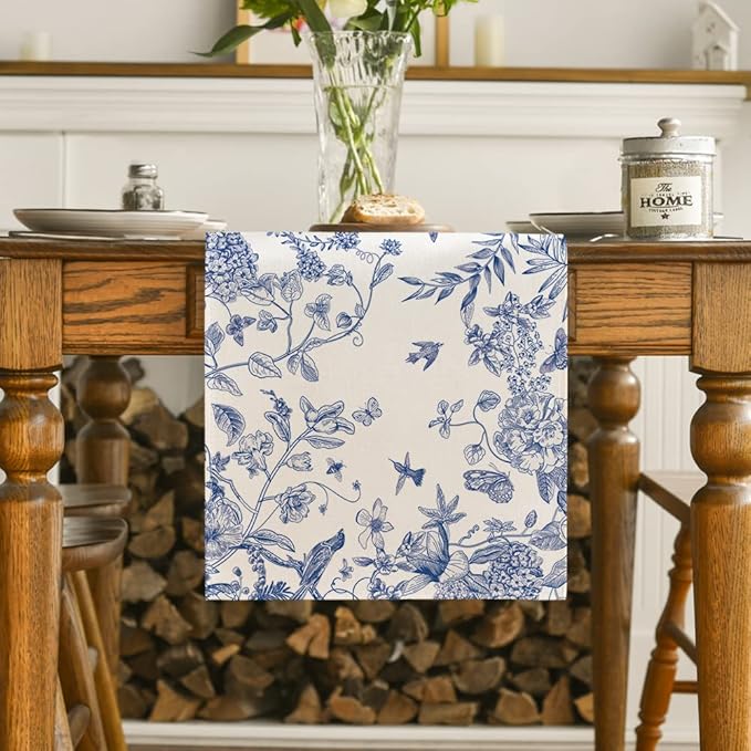 Artoid Mode Monochrome Sketch Birds and Flowers Spring Table Runner, Seasonal Summer Fall Kitchen Dining Table Decoration for Home Party Decor 13x120 Inch
