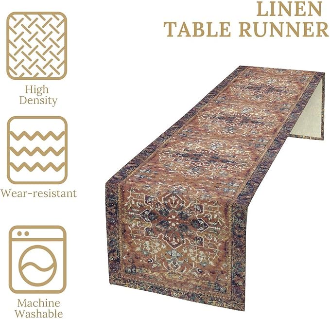 Boho Floral Vintage Table Runner, Purple Brown Retro Flower Rustic Country Farmhouse Abstract Pattern for Home Kitchen Table Decor Dining Coffee Room Party Decor 13x108in