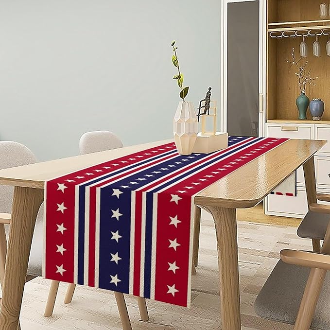 4th of July Table Runner, USA Flag Stars Stripes American Independence Day Red Blue White Stars Lines Print Table Cover for Farmhouse Kitchen Indoor Outdoor Home Party, 13x60inch