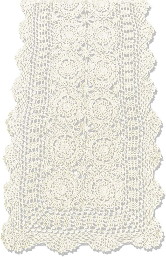 KEPSWET Cotton Handmade Crochet Lace Table Runner Beige Rectangle Coffee Table Dresser Decor (14x84 inch)