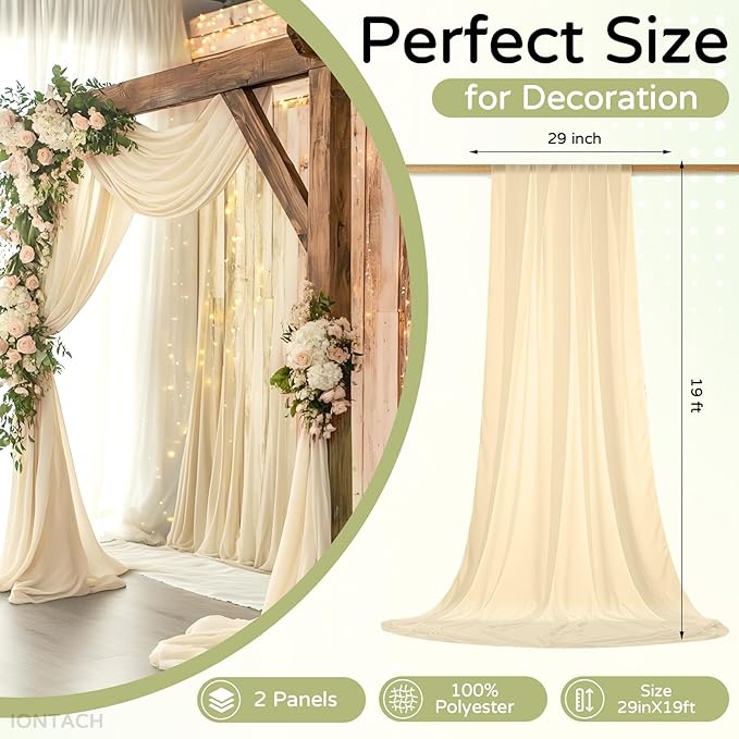 Wedding Arch Draping Fabric 29" x 19Ft Sheer Drapes for Backdrop Wedding Ceremony Reception Ceiling Decor Curtain Baby Bridal Shower Decoration (Champagne, 2 Panels)