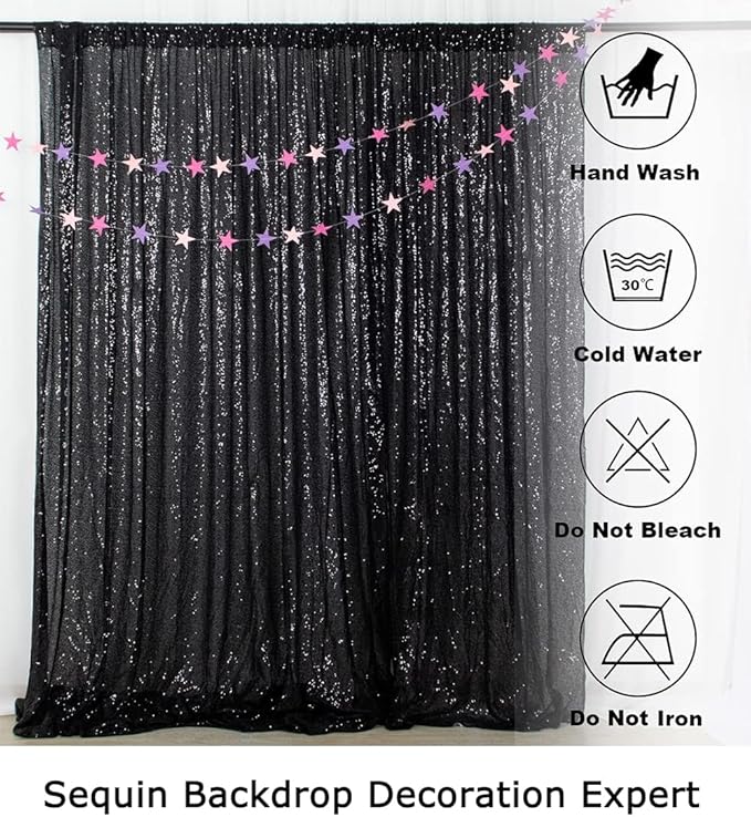 ShinyBeauty 2Pcs 5FTx10FT Black Sequin Backdrop Curtain | Glitter Wedding & Photography Background | Elegant Shimmer Curtains for Events & Parties